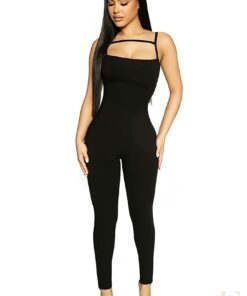 Combinaison moulante noire clubwear bretelles fines dos sobre