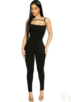 Combinaison moulante noire clubwear bretelles fines dos sobre