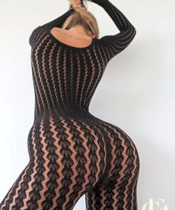 Combinaison noire résille rayée transparente manches longues clubbing