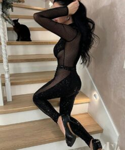 Combinaison noire transparente paillettes manches longues maille ajourée