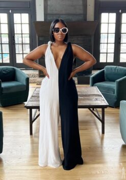 Combinaison soirée bicolore noir blanc col V dos nu