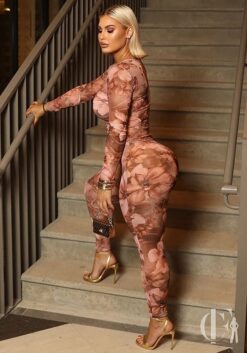 Combinaison mesh rose poudré imprimé floral manches longues