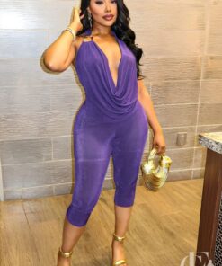 Combinaison soirée violette velours transparent col drapé halter