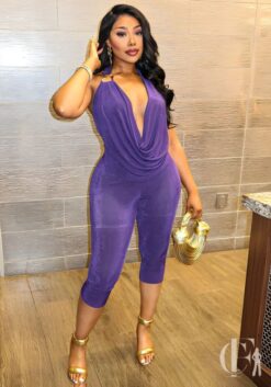 Combinaison soirée violette velours transparent col drapé halter