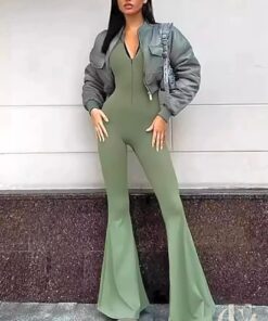 Combinaison yoga verte col zippé pattes flare bomber gris
