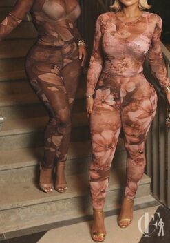 Combinaison moulante transparente imprimé floral rose et marron