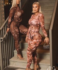 Combinaison transparente mesh imprimé floral rose et marron