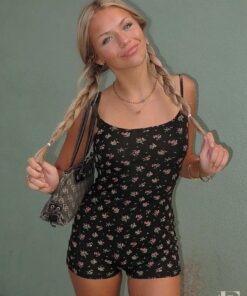 Combishort streetwear noir imprimé floral bretelles fines lacets