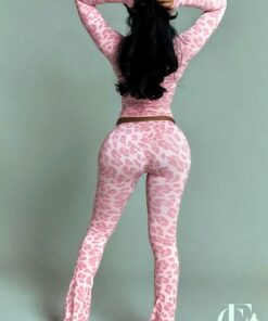 Ensemble crop top zippé pantalon flare rose motif léopard Y2K